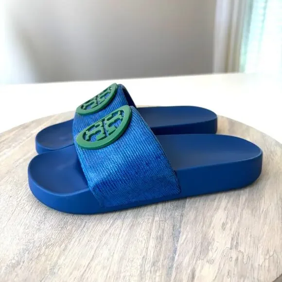 Tory Burch Lina Slide Sandals - Blue Textured with Green Logo - Size 5M US 5